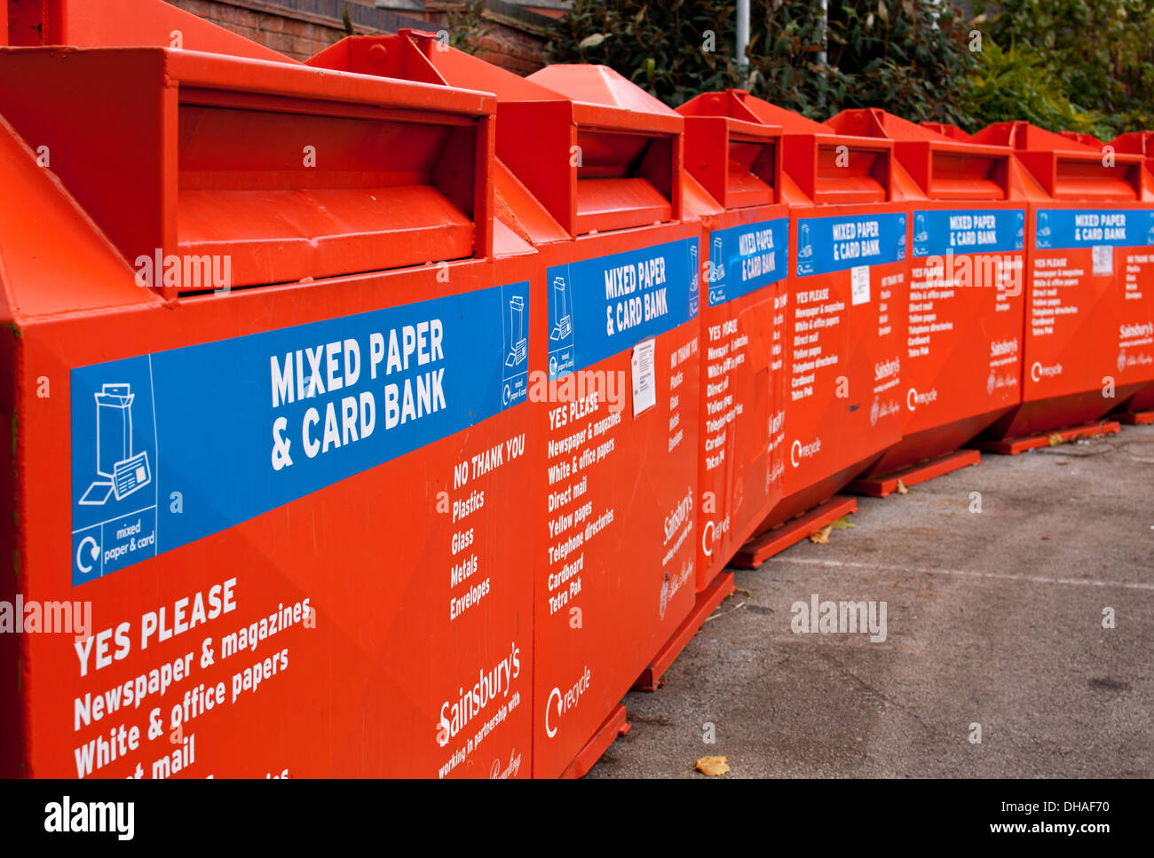 Recycling bins, Sainsbury`s supermarket, Warwick, UK Stock Photo Alamy